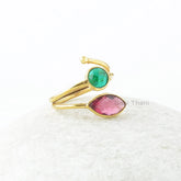 Multi Stone Silver Ring - Emerald Quartz & Pink Tourmaline Quartz Gemstone Ring - Gold Plated Handmade Ring - Gift for Mom - Gift for Bride
